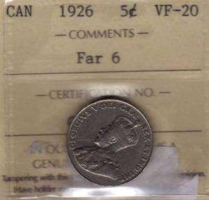 1926 Canada Five Cent. ICCS VF 20 Far 6. Rare Date  