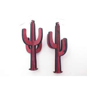  Cherry Red 3D Cactus Wooden Earrings GTJ Jewelry