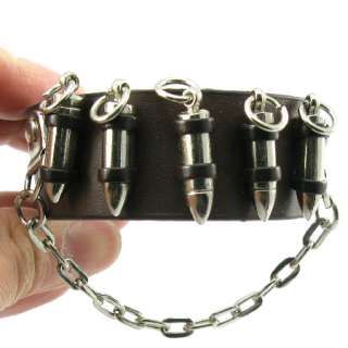 H508 Chain+ 5 Bullets Gothic Brown Leather Men/Women Button Wristband 