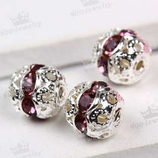 10p Silver Plated Purple Rhinestone Ball Spacer Beads  