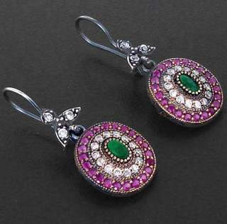 TURKISH GREEN EMERALD OVAL RUBY TOPAZ ROUND 925 SILVER DANGLING 