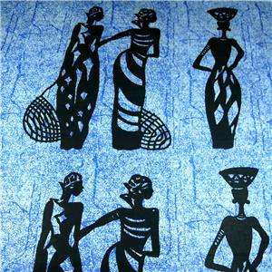   African Cotton Fabric Stately Silhouettes in Black on Blue, Per Yard