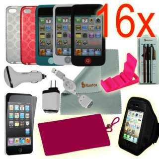 16X iPod Touch 4 Accessories Bundle, Rubber Cases,Soft Pouch, Home Car 
