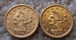 1907 and 1851 US $2.50 gold quarter eagle coins  