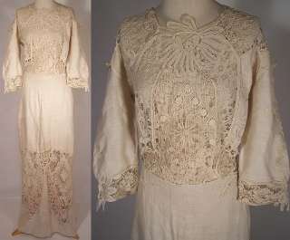   Edwardian Cream Linen Battenburg Tape Lace Crochet Wedding Gown Dress