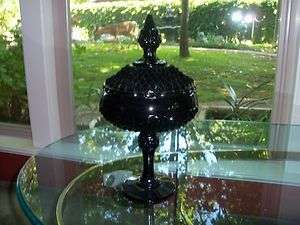   BLACK GLASS DIAMOND POINT COVERED COMPOTE 1960S INDIANA GLASS  
