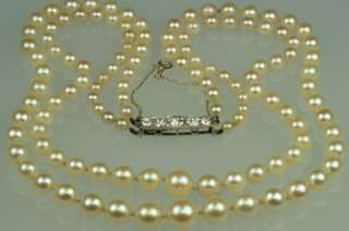 Art Deco 2 strand Pearl Necklace 1.2ct Old European Cut Diamond Clasp 