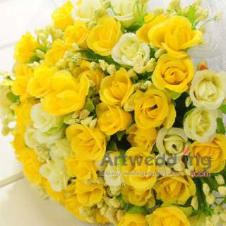 Yellow Silk Roses Tulle Wrapped Wedding Bouquet Flower  