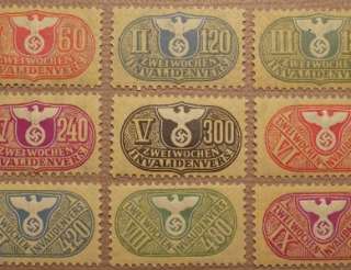 WW2 NAZI Germany NSDAP Insurance Revenue Stamps SET of 9 ALL w 