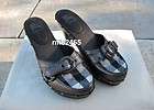 100% auth BURBERRY Anthracite Check Wooden Clogs Shoes sz 38