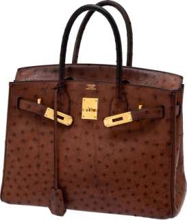 Hermes 30cm Marron Fonce Brown Ostrich Birkin Bag with Gold Hardware 