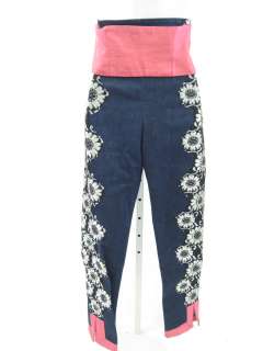 MARAVILLAS Blue Denim Embroidered Pink Belt Pants  