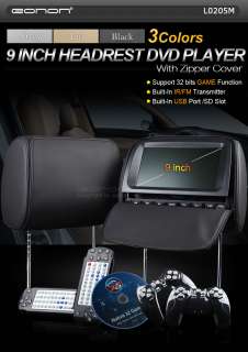 L0205M 2x9 Grey/Tan/Black Leather Car Pillow Headrest DVD Monitor IR 