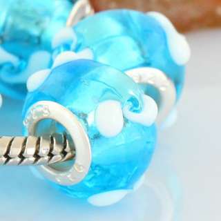 30X Light Blue Flower Murano Lampwork Glass Loose Beads  