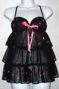 Victorias Secret Pink Black Bling Dot Baby Doll 36C NWT  
