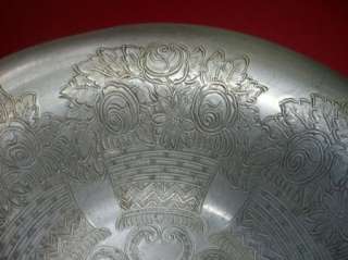 Vtg Lg. Wilson Hand Wrought Aluminum Etched Floral Bowl  