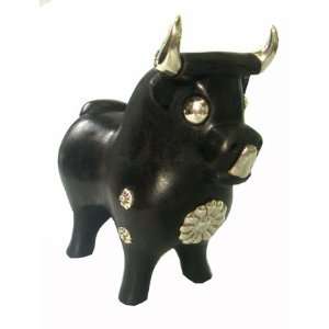  Wood and 950 Sterling Silver Bull Statue