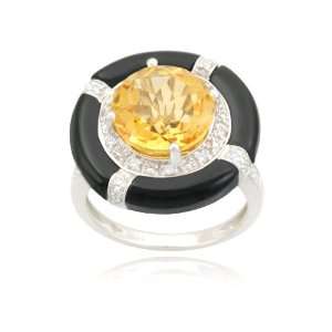  10k White Gold Round Citrine Onyx Diamond Ring (1/9 cttw, I J Color 