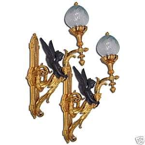 7168 Pair of Bronze Figural Winged Female Angel Sconces  