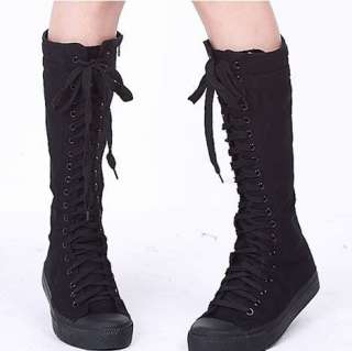 Punk Black White Canvas Shoes Sneakers Boots Knee High  