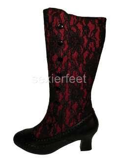 Heel, Button Up Calf Boot W/ Inner Side Zip. Color Red Satin Black 