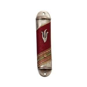   Semicircle Pewter Mezuzah with Zigzag Stripes, Shin and Pink Stone