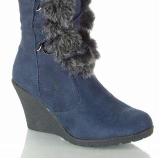 BLUE Faux Fur Suede Pom pom WEDGE Knee BOOTS  