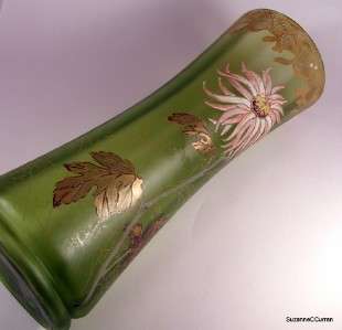 Legras Mont Joye Iridescent Art Glass Enamel Mums Vase  