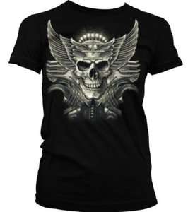 Winged Chopper Skull Junior Girls T shirt Flaming Motorcycle Design 