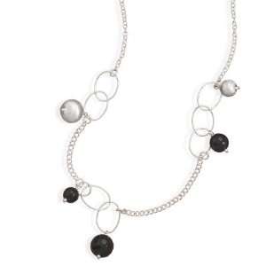  Silver 23.5 Inch Necklace With Brushed Satin and Black Onyx Beads 