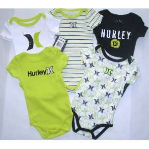HURLEY 5PC Layette Baby Boys Onesie Romper Shirt Green, Black White 6 