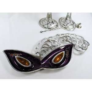  Purple Enamel Mask Shape Aluminum Serving Dish with Plume 