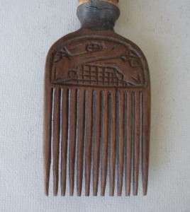 African carved wood hair comb 13 tines carved cow bone handle overall 