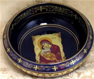 Holy Water Basin Greek Pottery Decorated 24Kt Gold Gift Madonna 