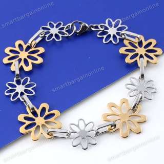 1x Stainless Steel Gold Tone Hollow Flower Link Chain Bracelet 8.5L 