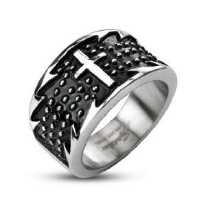   Stainless Steel Black Enamel Accented Jagged Edge Cross Ring   Size 12