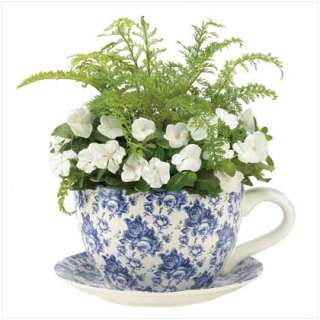 BLUE FLORAL TEACUP PLANTER Tea Cup Flower Pot NEW  