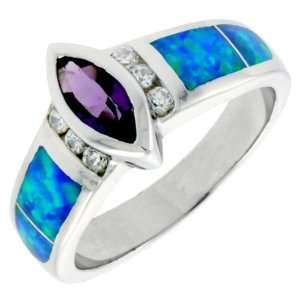 Sterling Silver, Synthetic Opal Inlay Ring w/ Marquis Cut Amethyst CZ 