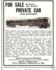 1959 PRIVATE Train Car for Sale AD~vintage RR  