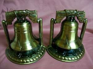 Vintage Gold Colored Metal Liberty Bell Bookends  