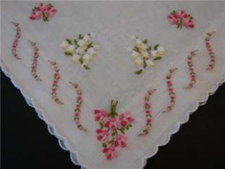 VINTAGE HANDKERCHIEF EMBROIDERED PINK ROSES LILY OF THE VALLEY 