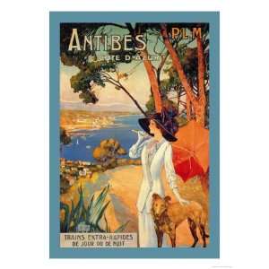  Antibes, Lady in White with Parasol and Dog Animals Giclee 