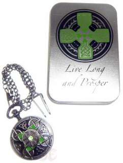 Celtic Pocket Watch w Knotwork Cross w Keeper Chain and Gift Tin 