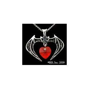 Vampire Bat Pendant With Red Heart Sterling Silver Pendant with 24 
