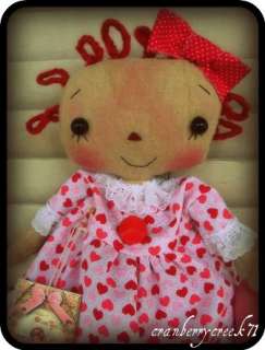 Primitive Raggedy Ann doll Valentine Heart Retro Pink OOAK by 