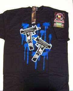 Double Uzi Gunshot Black Shirt XL Blue Screen Printed  