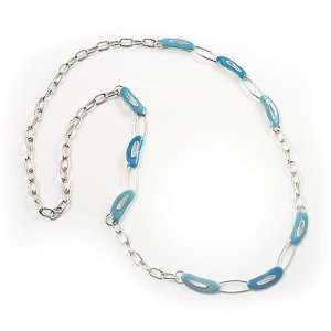 Long Oval Link Enamel Fashion Necklace (Glittering Blue 