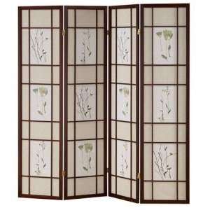  New 4 Panel Cherry Finish Room Divider Screen with Floral 