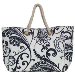  Cotton Canvas Navy Blue and White Paisley Bag with Rope 