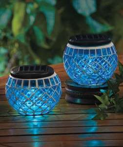 Set of 2 Solar Outdoor Mosaic Blue Glass Lights NEW  